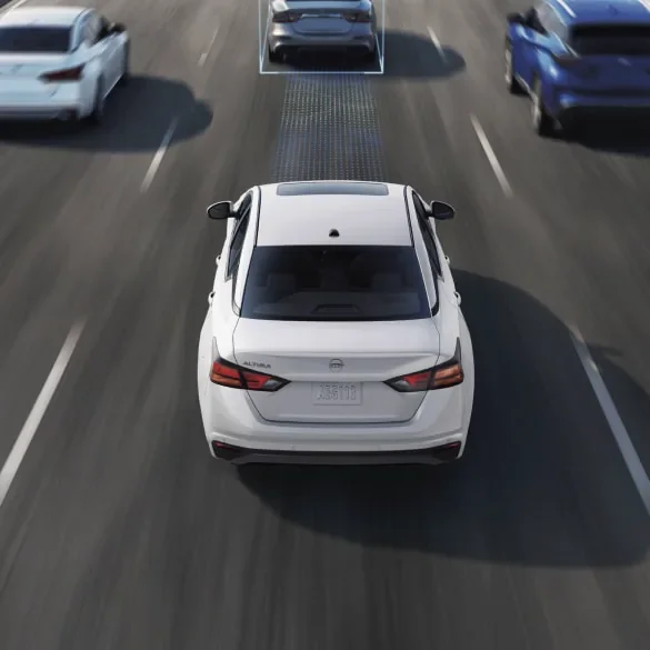 2027 Nissan Altima on freeway surrounded by cars with schematic drawings of ProPILOT Assist capabilities at Nissan of Dearborn in Dearborn MI
